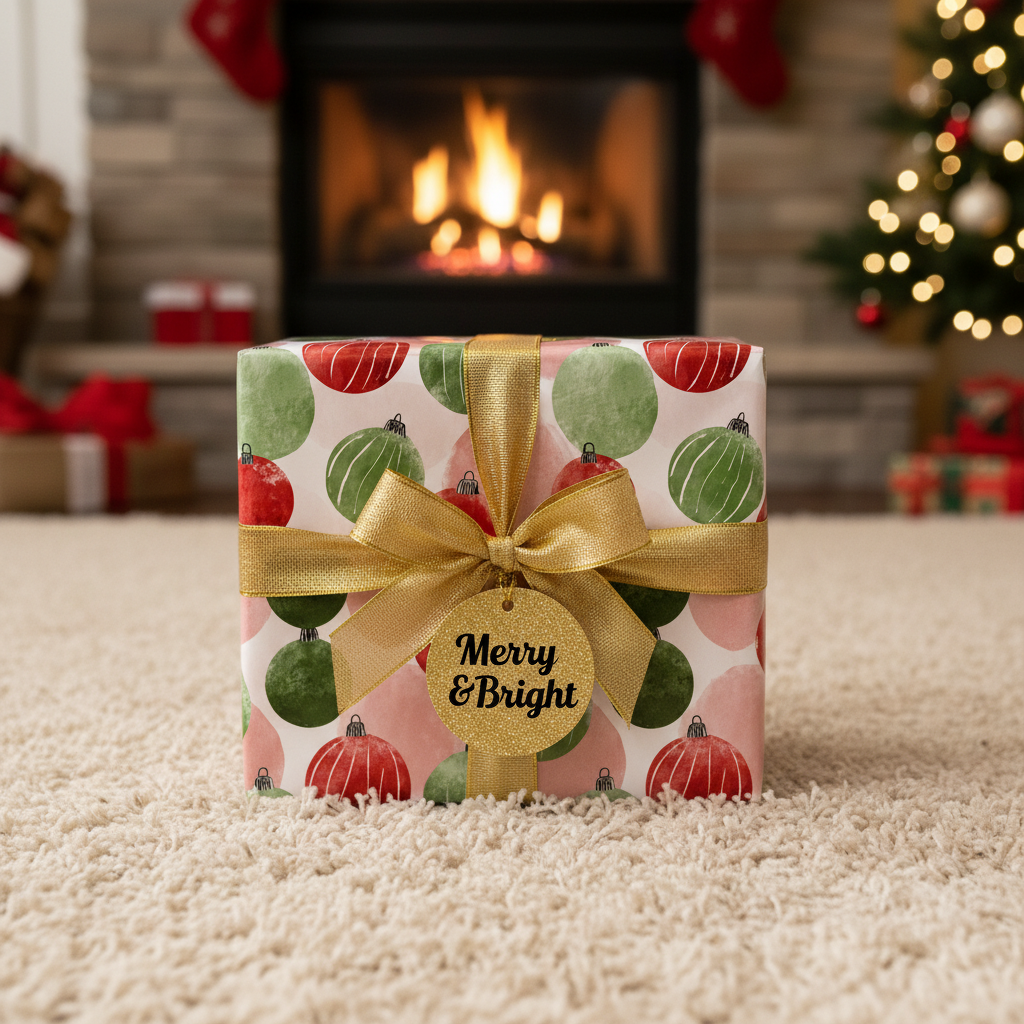 Festive Christmas gift box with red and green ornament wrapping paper, gold ribbon, and a "Merry & Bright" tag on a cozy rug by a fireplace.