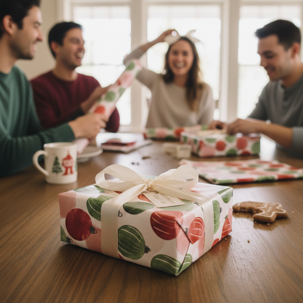 Festive Christmas wrapping paper with red and green ornament pattern, tied with a cream ribbon, on a wooden table.
