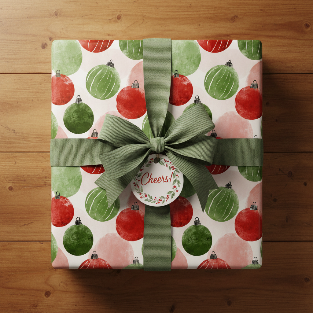 Christmas ornament wrapping paper with red and green watercolor baubles, tied with a sage green ribbon and "Cheers!" gift tag.