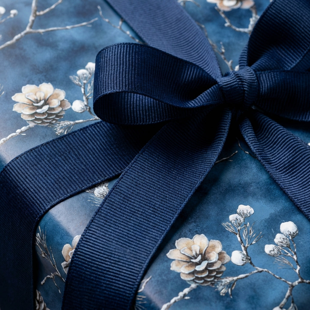 Elegant blue floral wrapping paper with navy ribbon.