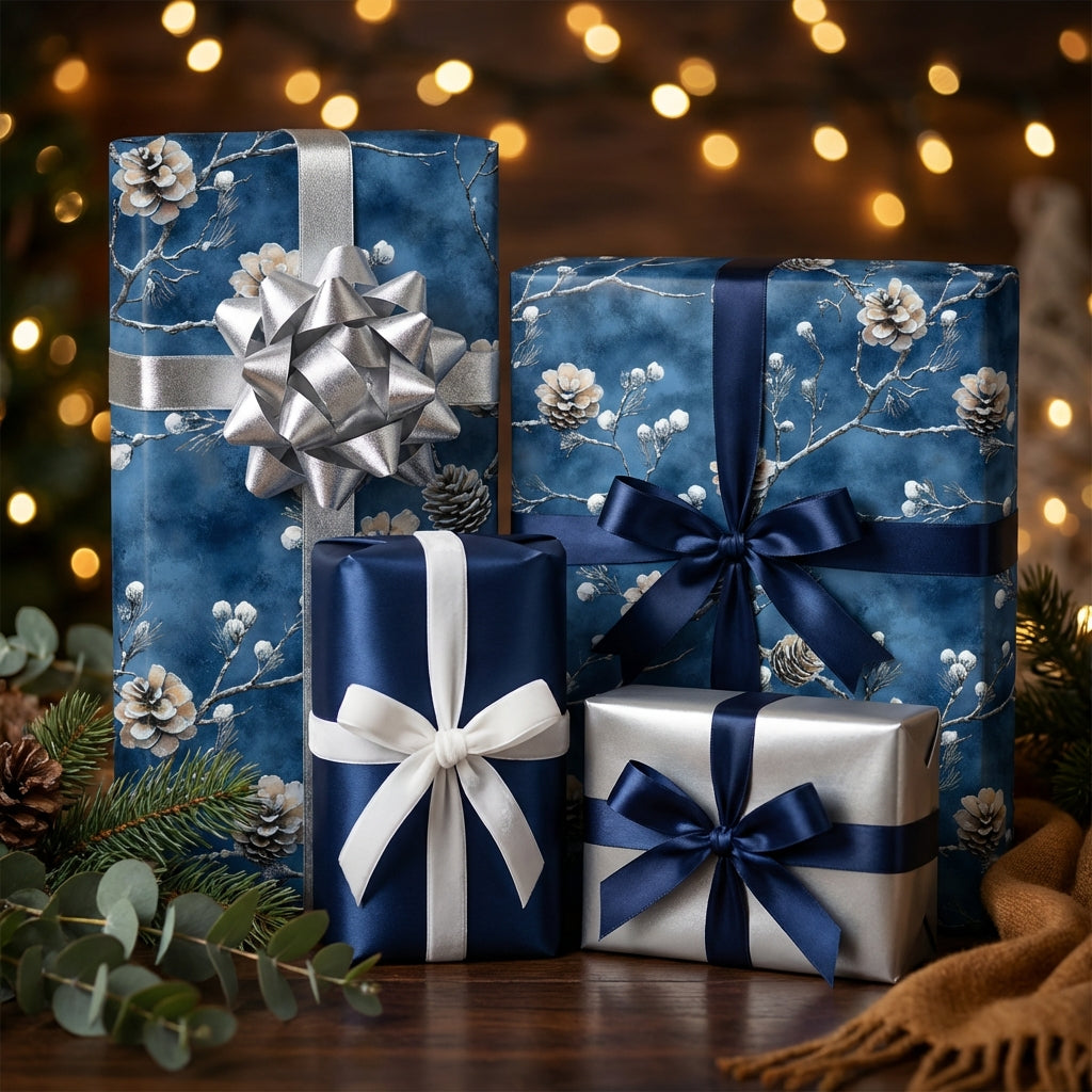 Elegant Christmas gifts wrapped in blue floral paper with silver and navy ribbon and bows.