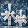 Navy blue floral wrapping paper with white velvet ribbon and "Warmest Wishes" tags.