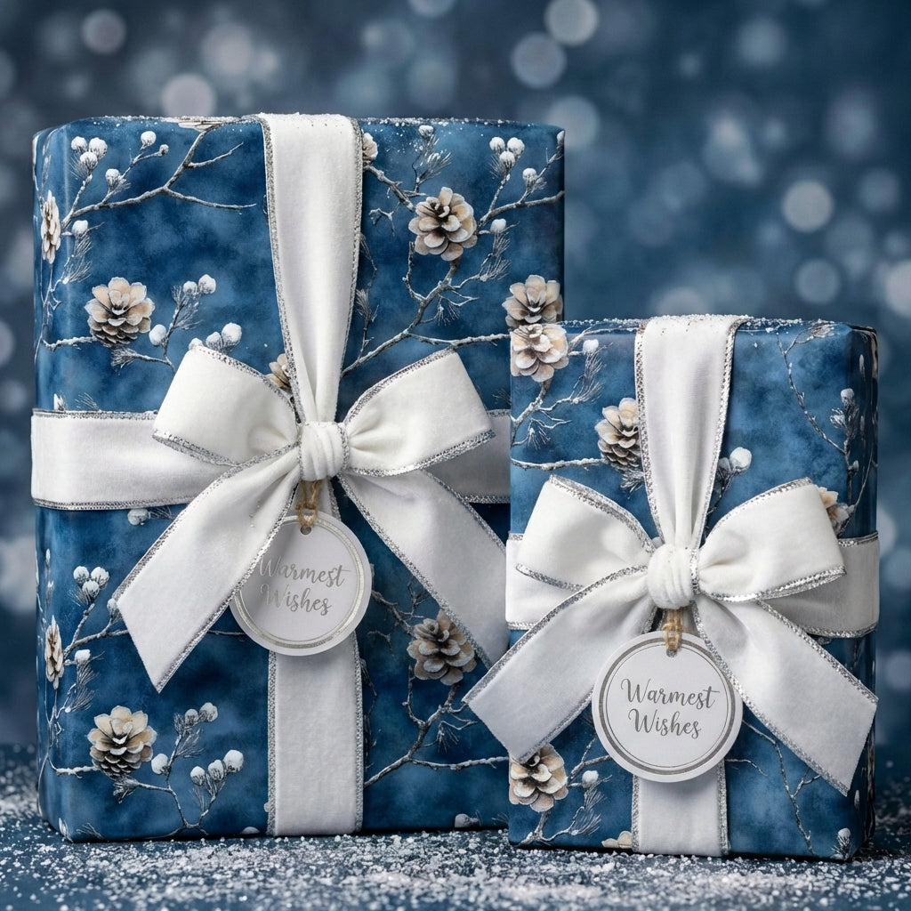 Navy blue floral wrapping paper with white velvet ribbon and "Warmest Wishes" tags.