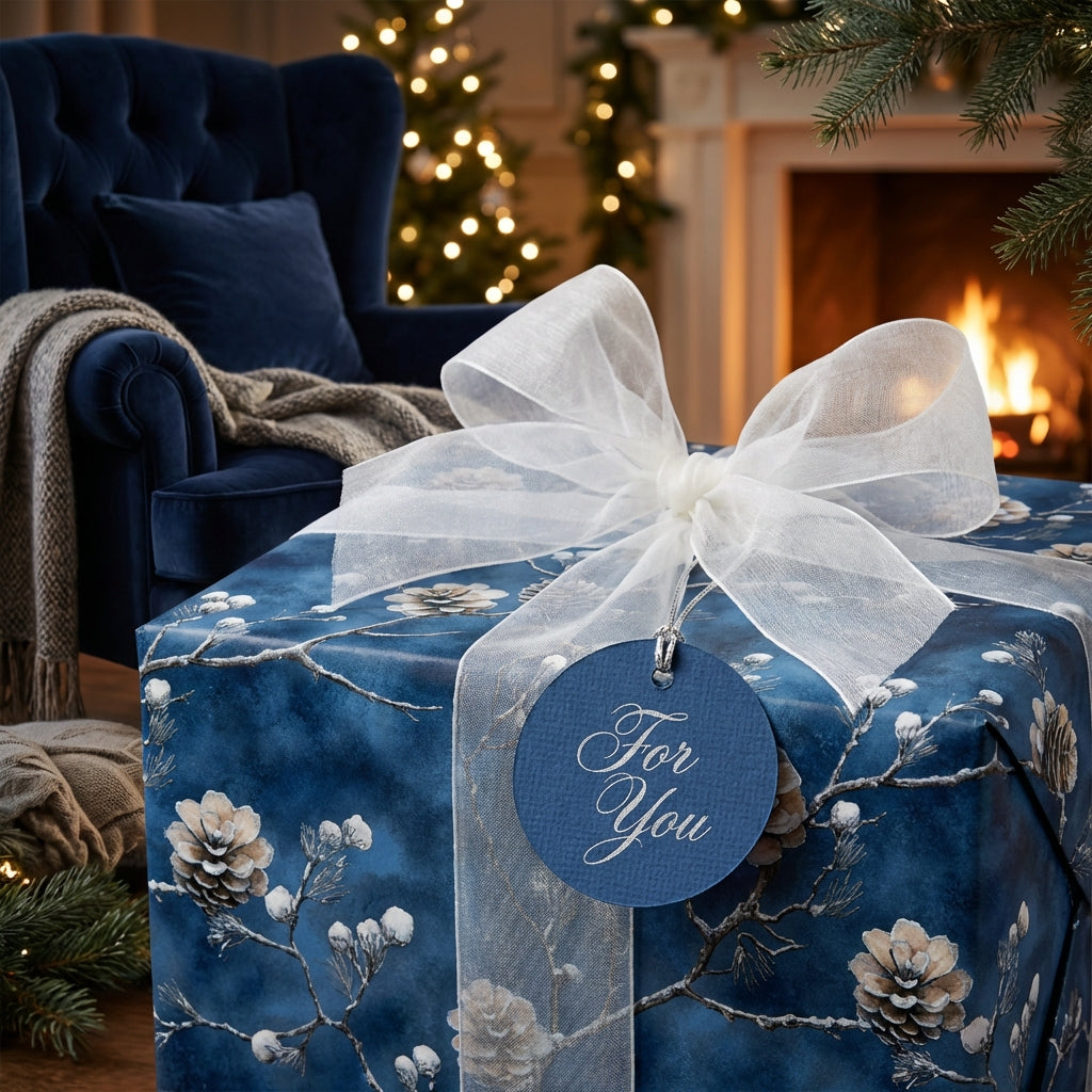 Navy floral wrapping paper with sheer white ribbon, gift tag, in a cozy Christmas setting.