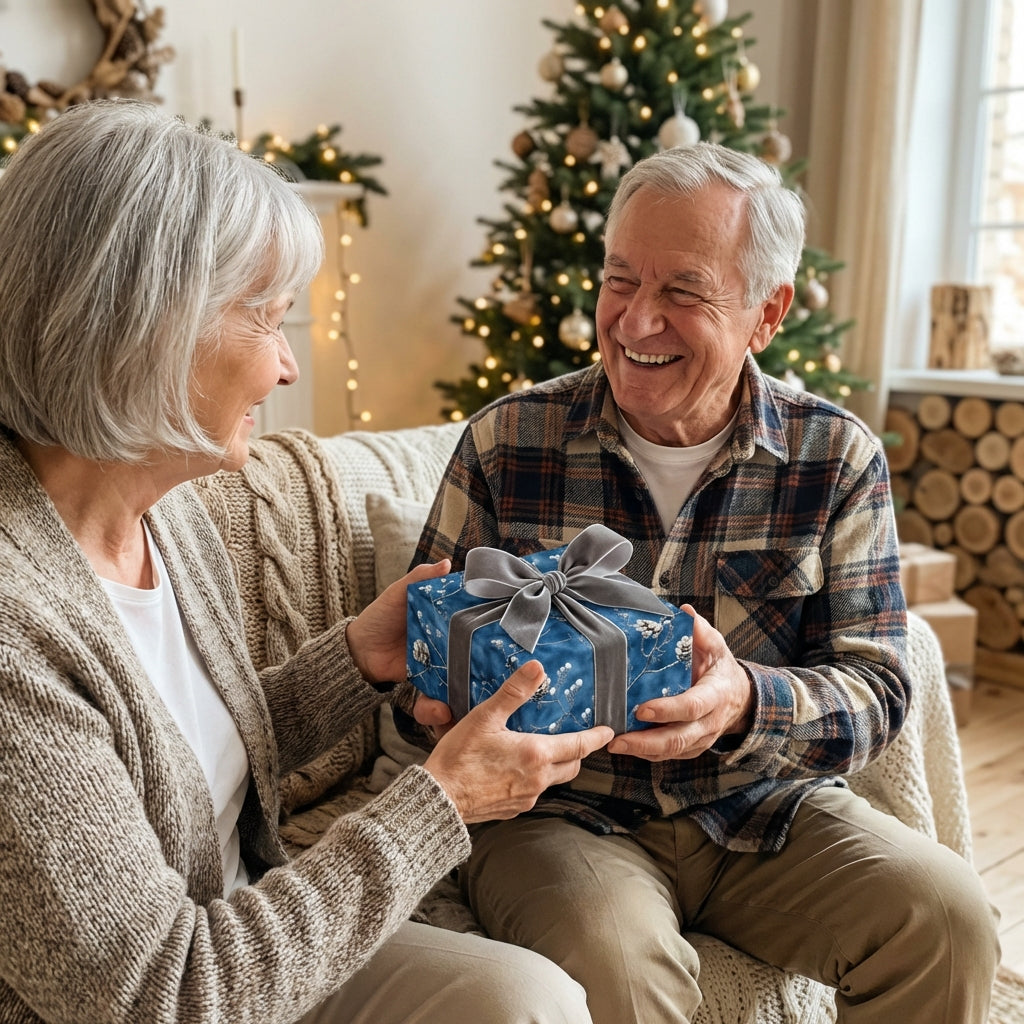 Elderly couple exchanging a Christmas gift wrapped in blue floral gift wrap with a gray velvet ribbon.