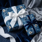 Elegant floral wrapping paper in blue with white and navy ribbon, Wrapped Studios.