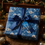 Elegant Christmas gift wrap featuring a blue floral pattern and a matching ribbon with "Merry Christmas" tag.