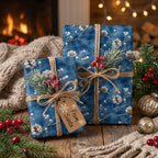 Blue floral Christmas gift wrap from Wrapped Studios with twine and pinecone accents.