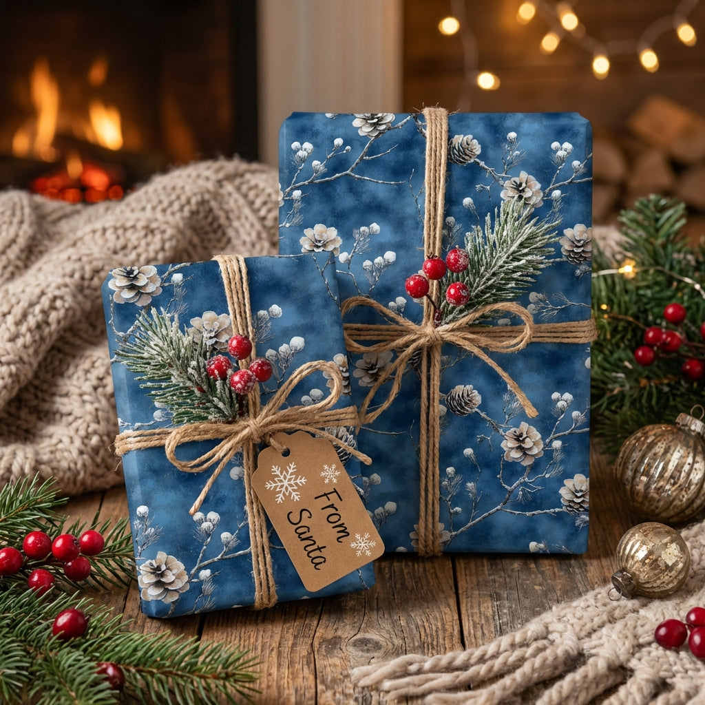 Blue floral Christmas gift wrap from Wrapped Studios with twine and pinecone accents.