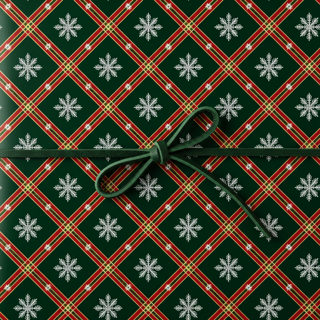 Christmas plaid wrapping paper with white snowflakes and a dark green ribbon bow, perfect for holiday gift wrapping.