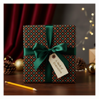 Elegant Christmas wrapping paper with a green satin bow, "A Mark of Distinction" tag, and festive snowflake pattern on a dark background.