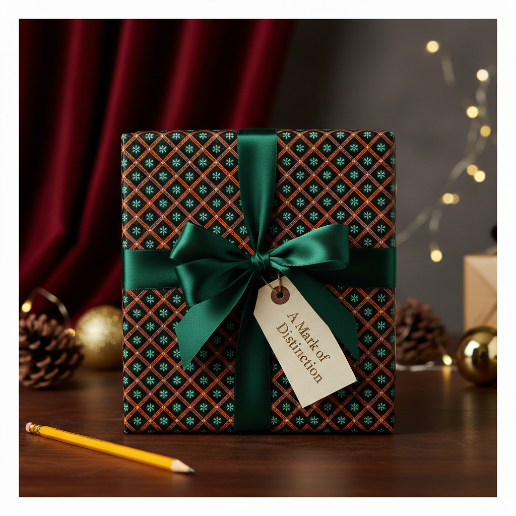 Elegant Christmas wrapping paper with a green satin bow, "A Mark of Distinction" tag, and festive snowflake pattern on a dark background.