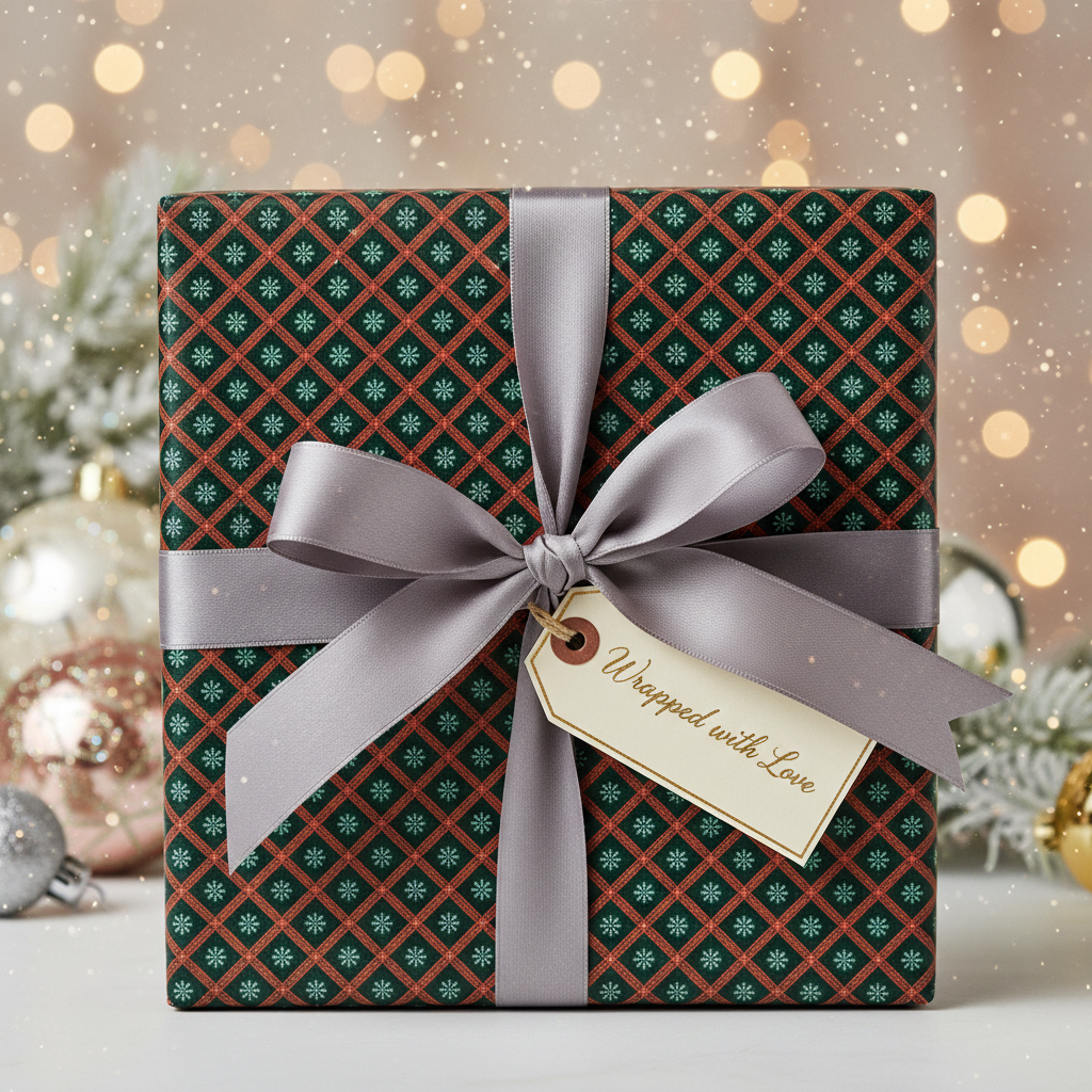 Elegant Christmas gift wrap with a festive green and red snowflake pattern, gray ribbon, and "Wrapped with Love" tag.