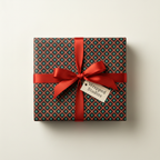 Modern geometric red and teal Christmas wrapping paper with a festive red ribbon and "Wrapped Studios" gift tag.