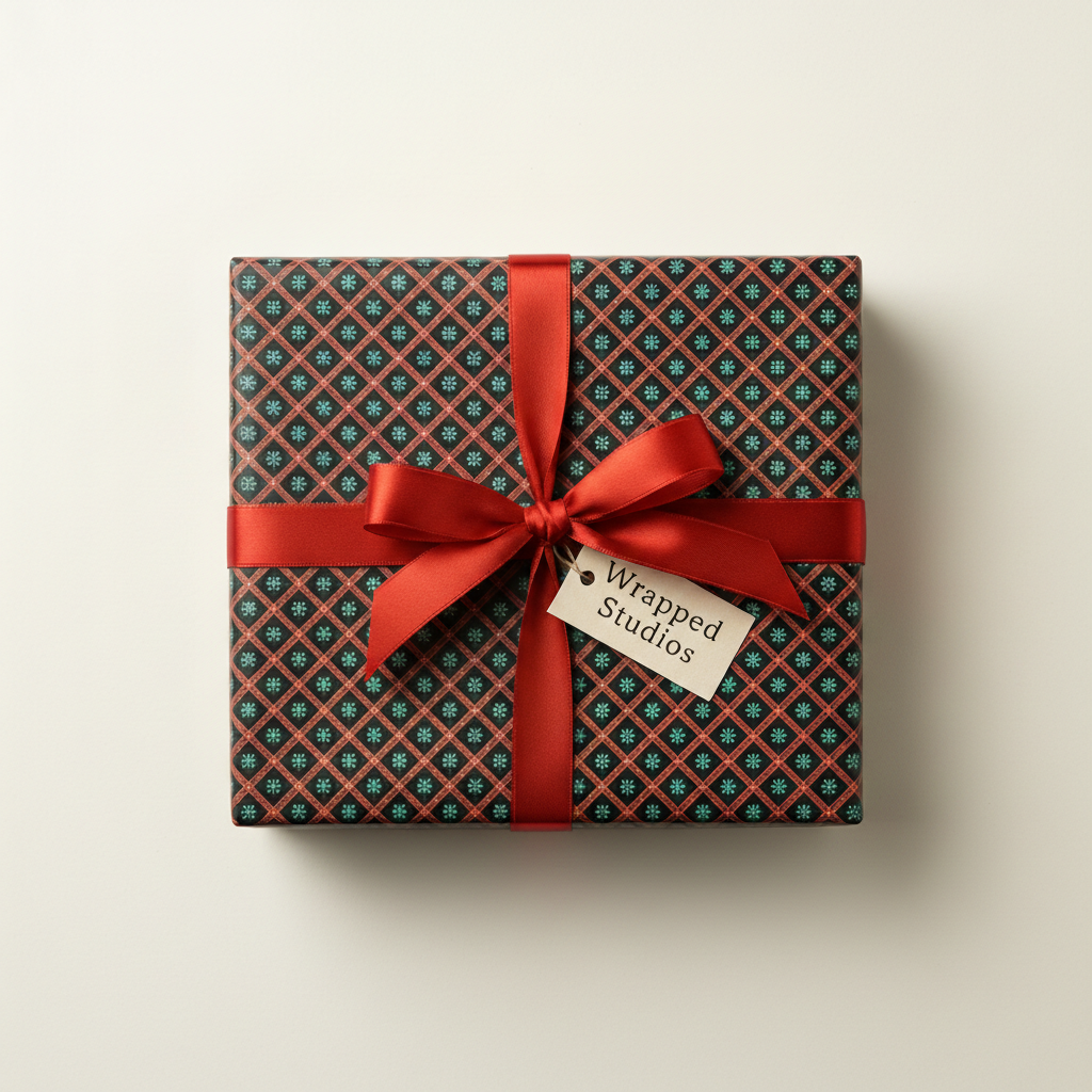 Modern geometric red and teal Christmas wrapping paper with a festive red ribbon and "Wrapped Studios" gift tag.