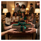 Luxury geometric pattern wrapping paper with a green ribbon being exchanged at a sophisticated holiday party.