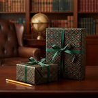 Luxury geometric wrapping paper with a green and brown pattern and dark green satin ribbon, perfect for sophisticated holiday or birthday gifts.