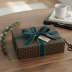 Geometric patterned gift wrap in dark green and orange with a teal ribbon and "Wrapped Studios" tag, perfect for luxury holiday gifts.