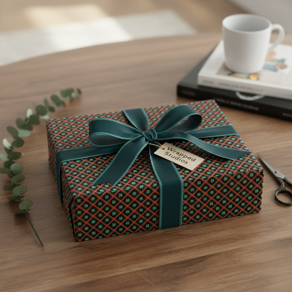 Geometric patterned gift wrap in dark green and orange with a teal ribbon and "Wrapped Studios" tag, perfect for luxury holiday gifts.