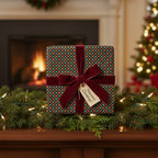 Luxury Christmas gift wrap in dark green with a festive snowflake pattern and a red velvet bow, set on a mantle with a fireplace and Christmas tree.