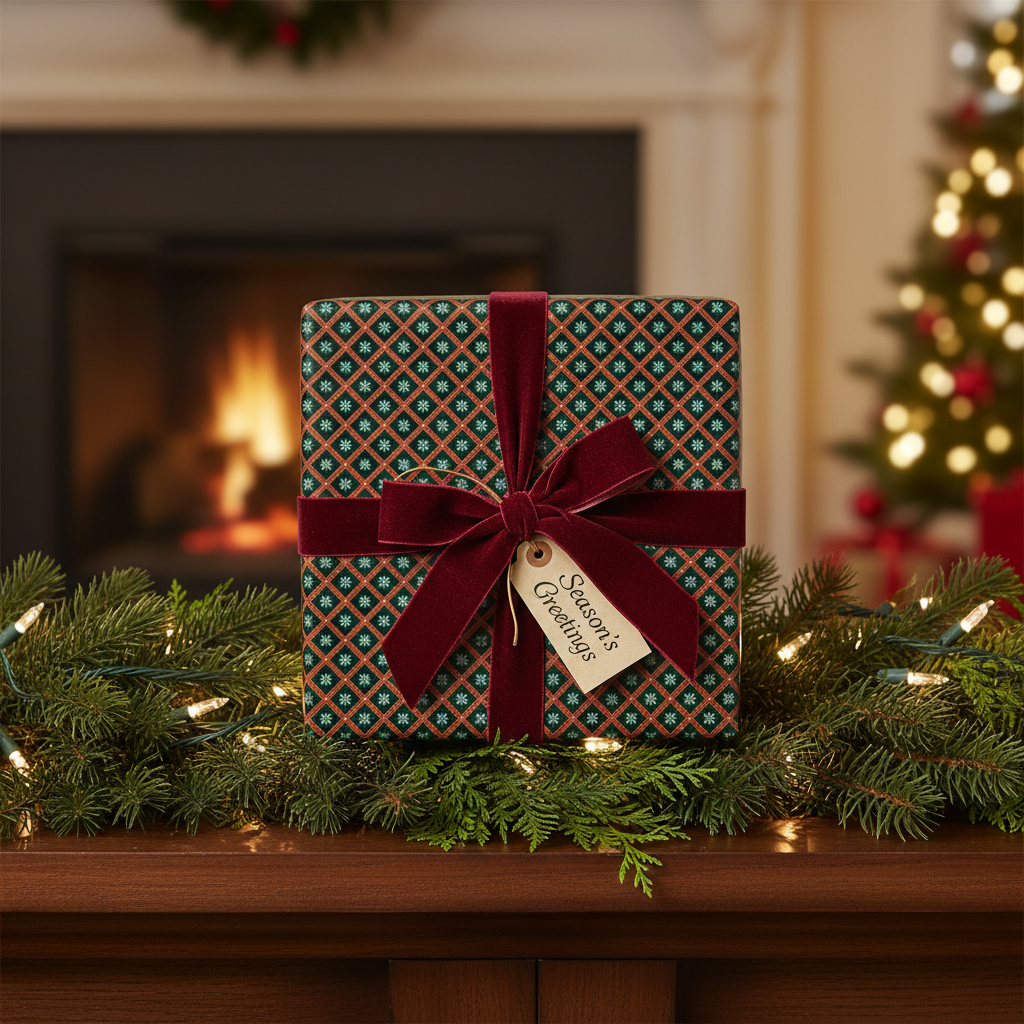 Luxury Christmas gift wrap in dark green with a festive snowflake pattern and a red velvet bow, set on a mantle with a fireplace and Christmas tree.