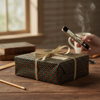 Elegant dark green and orange patterned wrapping paper with a gold glitter ribbon, perfect for luxury holiday or Christmas gifts.