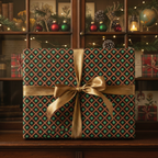 Elegant dark green Christmas wrapping paper with a festive geometric pattern and gold ribbon bow, perfect for holiday gifts.