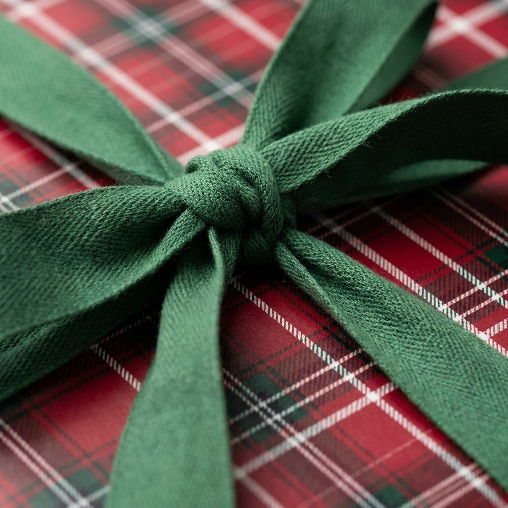 Red plaid Christmas gift wrap with a green fabric ribbon bow by Wrapped Studios.
