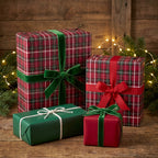 Red plaid Christmas wrapping paper by Wrapped Studios on holiday gifts with velvet ribbons.
