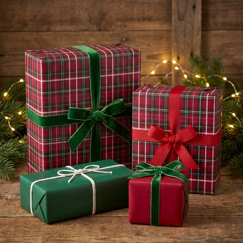 Red plaid Christmas wrapping paper by Wrapped Studios on holiday gifts with velvet ribbons.