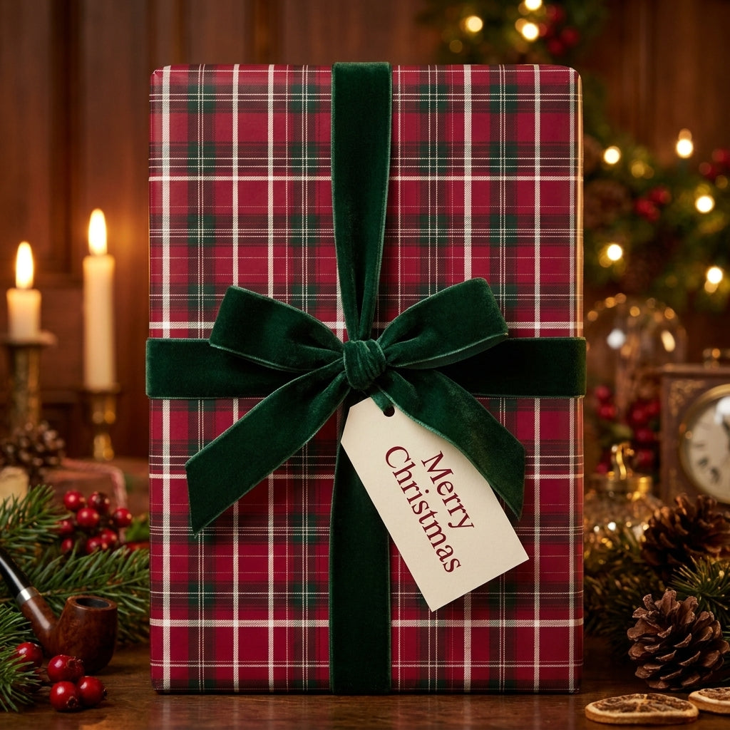 Red plaid Christmas wrapping paper with a green velvet bow and Merry Christmas tag by Wrapped Studios.