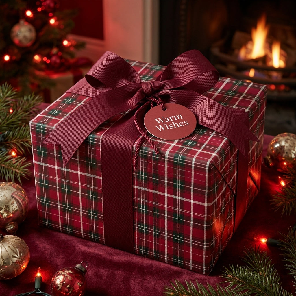 Red plaid Christmas wrapping paper with a burgundy bow by Wrapped Studios in a cozy holiday setting.