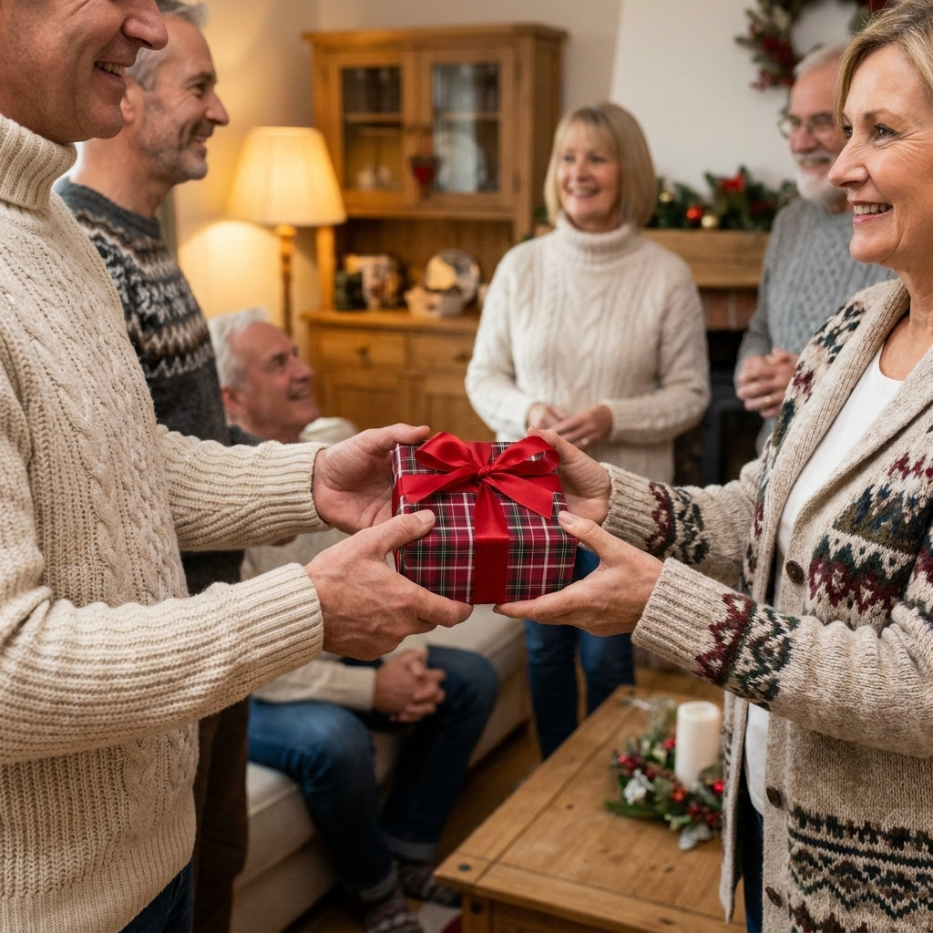 Family exchanging a present in red plaid Christmas gift wrap with a red ribbon, by Wrapped Studios.