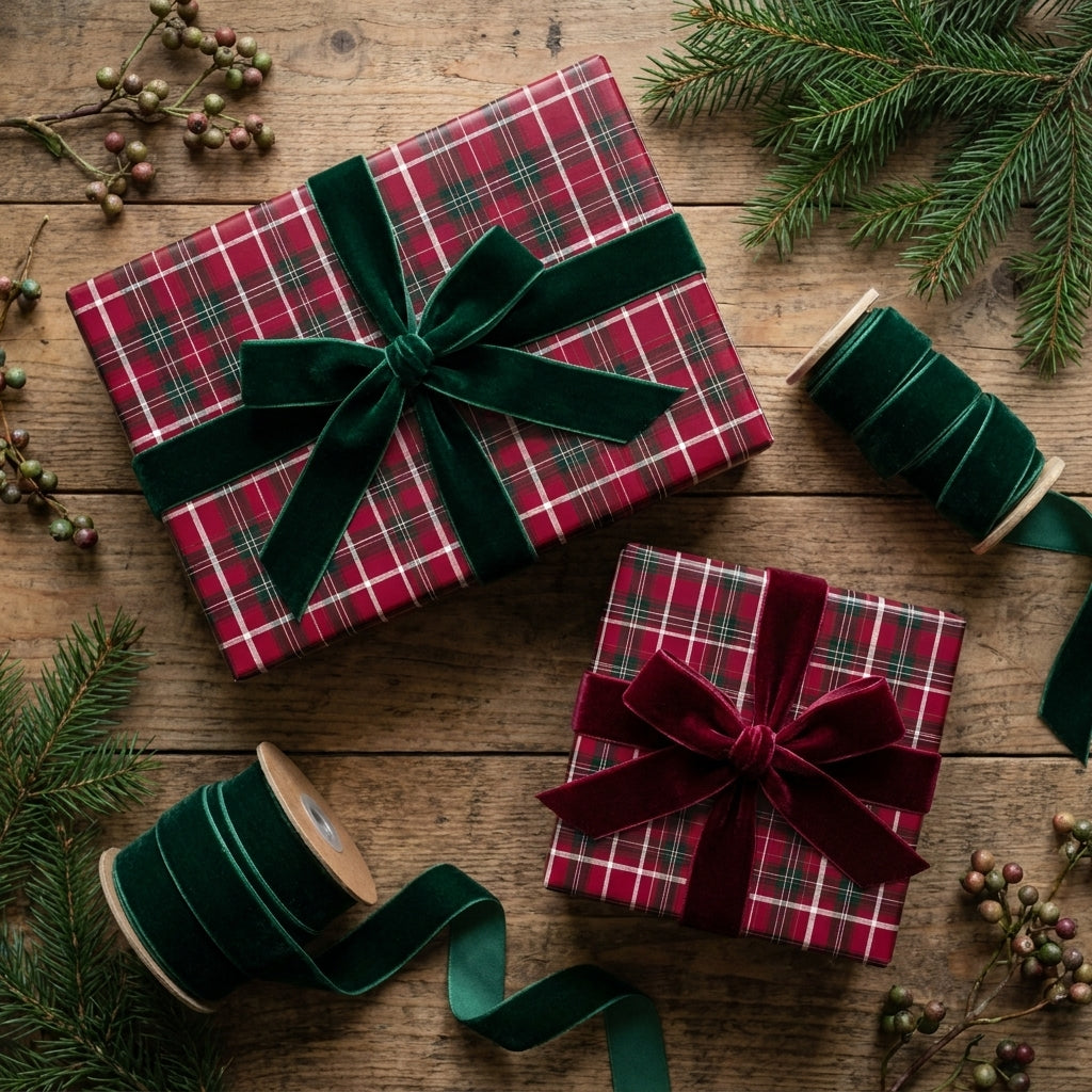 Red plaid Christmas wrapping paper with elegant velvet bows on wood, by Wrapped Studios.