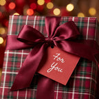 Red plaid Christmas wrapping paper with a burgundy satin bow and gift tag by Wrapped Studios.