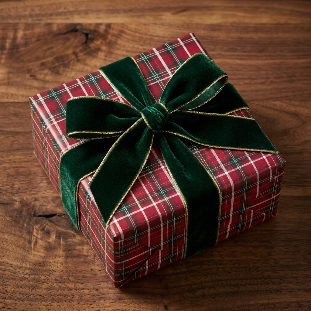 Red plaid Christmas gift wrap with a green velvet bow on a wooden table, by Wrapped Studios.