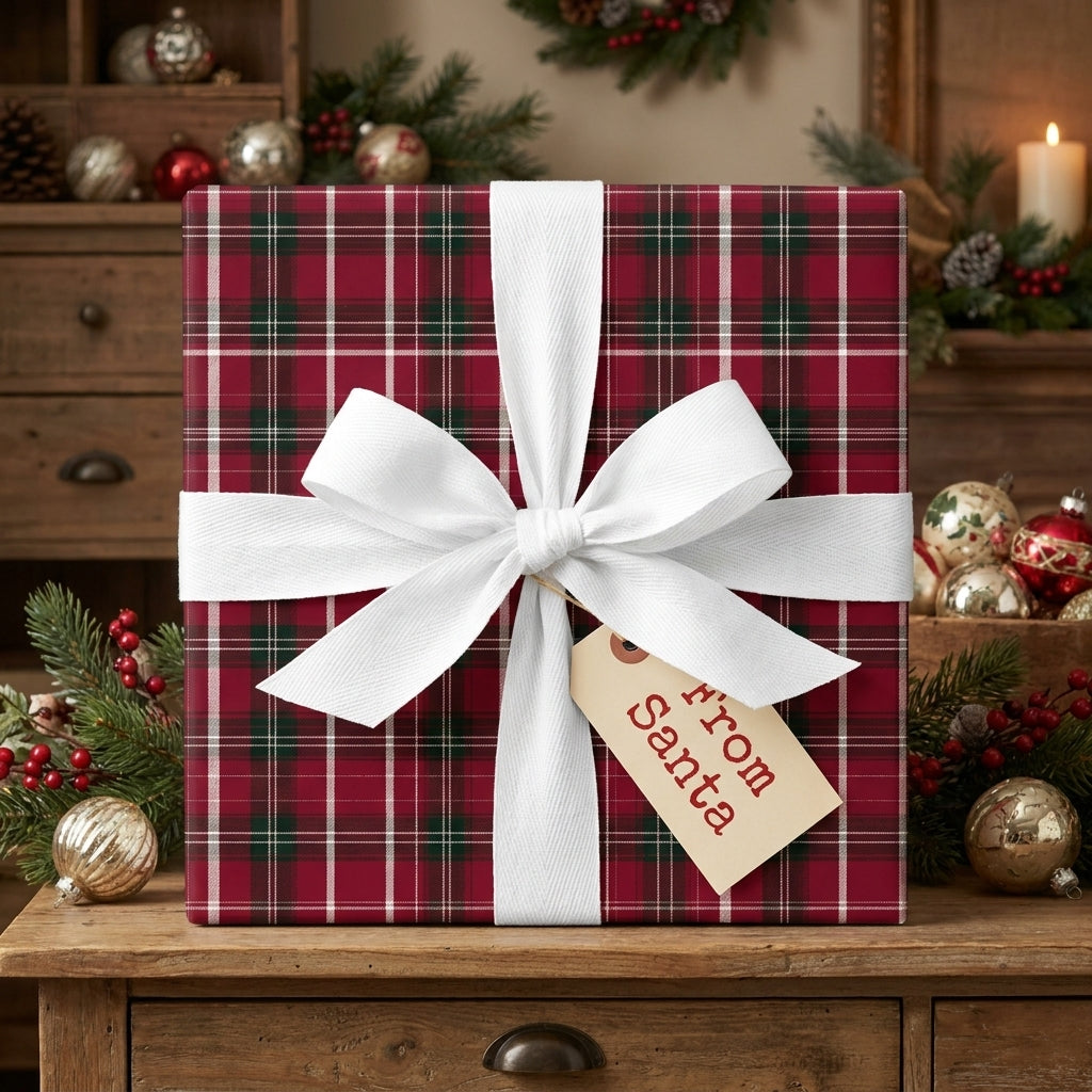 Red tartan Christmas gift wrap with a white ribbon bow and "from Santa" tag by Wrapped Studios.