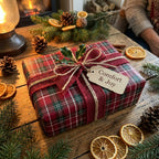 Cozy plaid Christmas wrapping paper by Wrapped Studios on a rustic gift with red ribbon and dried oranges.