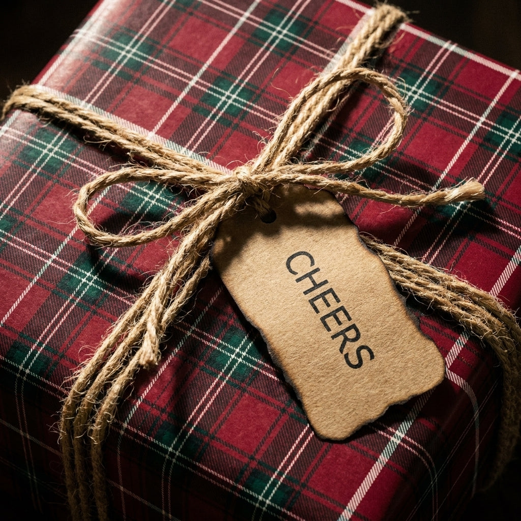 Red plaid Christmas wrapping paper with rustic twine bow and Cheers tag by Wrapped Studios.