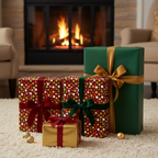 Gifts wrapped in colorful polka dot Christmas gift wrap with velvet ribbons in front of a cozy fireplace.