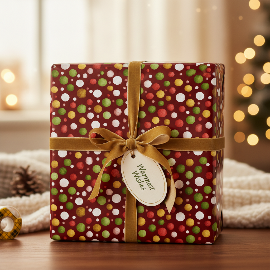 Burgundy Christmas gift wrapped in polka dot paper with gold velvet ribbon and "Warmest Wishes" tag.