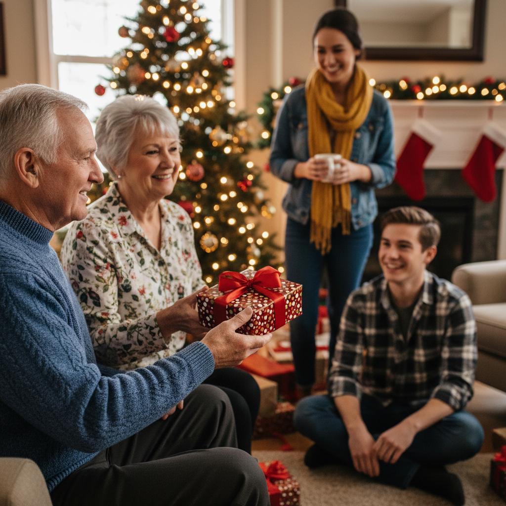Family exchanging Christmas gifts wrapped in festive polka dot gift wrap with a red ribbon.