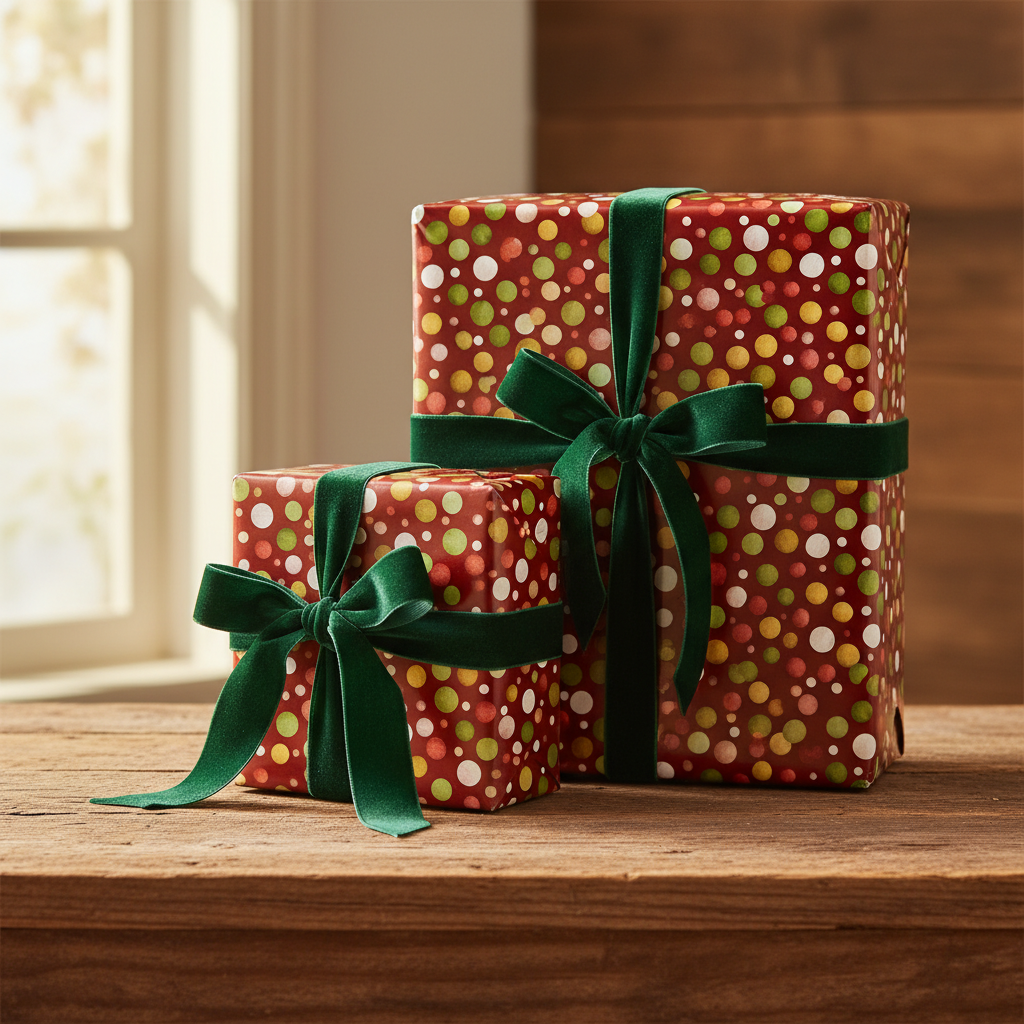 Burgundy gift boxes wrapped in polka dot birthday wrapping paper and tied with green velvet ribbon.