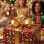 Celebratory Christmas gift wrap with gold ribbon, confetti, and friends toasting.