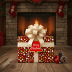Festive Christmas gift wrapped in red polka dot paper, with a cream ribbon and bow by the fireplace.