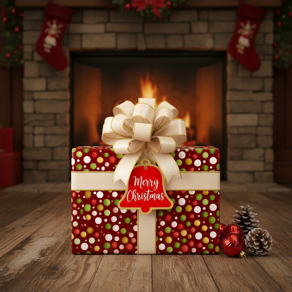Festive Christmas gift wrapped in red polka dot paper, with a cream ribbon and bow by the fireplace.
