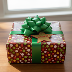 Festive dot pattern wrapping paper with a green ribbon and "Cheers!" tag.