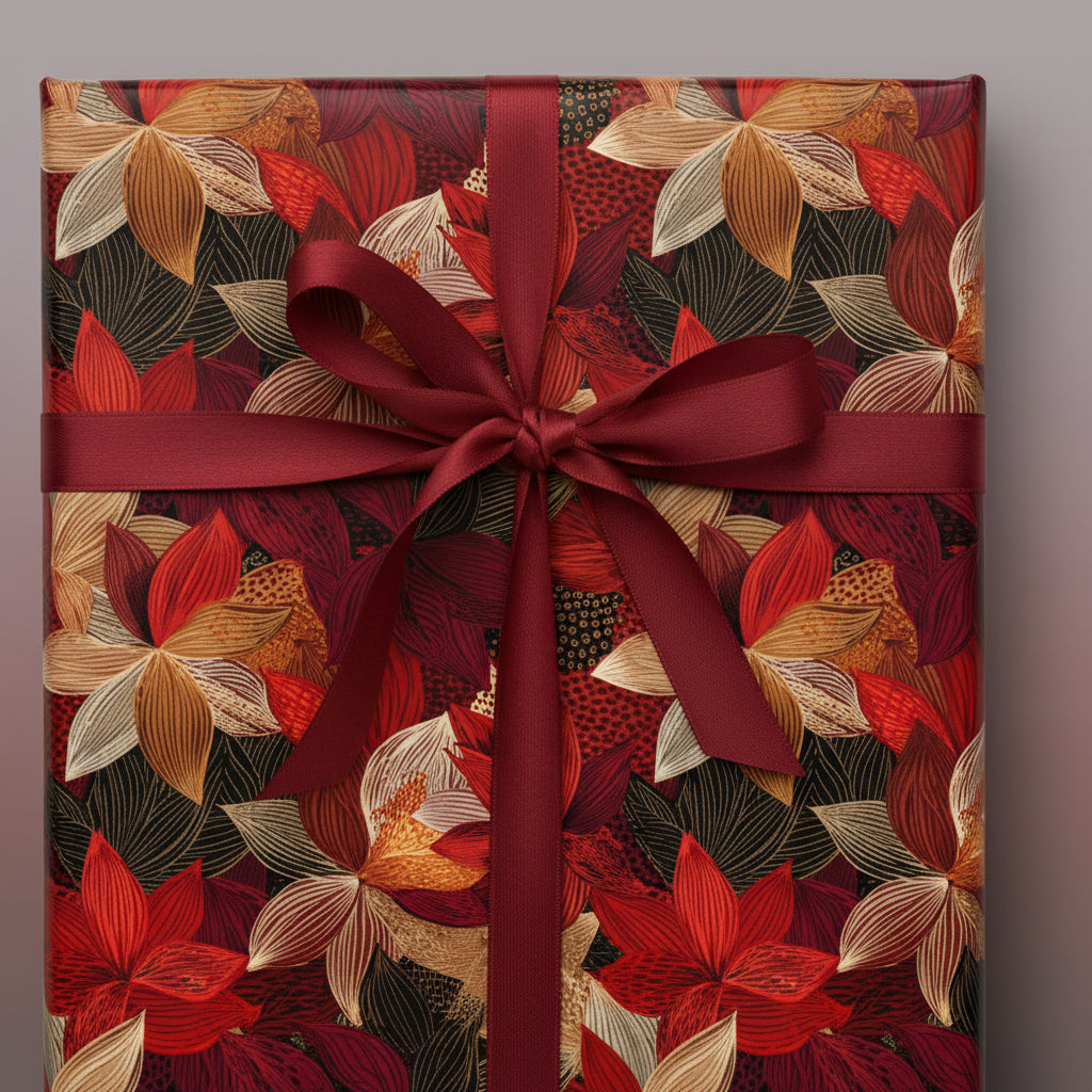 Rectangular gift wrapped in elegant floral wrapping paper with a burgundy satin ribbon and bow.