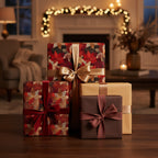 Elegant Christmas gifts wrapped in floral wrapping paper with gold and burgundy ribbons in a cozy holiday setting.