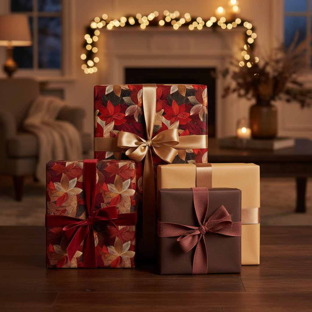 Elegant Christmas gifts wrapped in floral wrapping paper with gold and burgundy ribbons in a cozy holiday setting.
